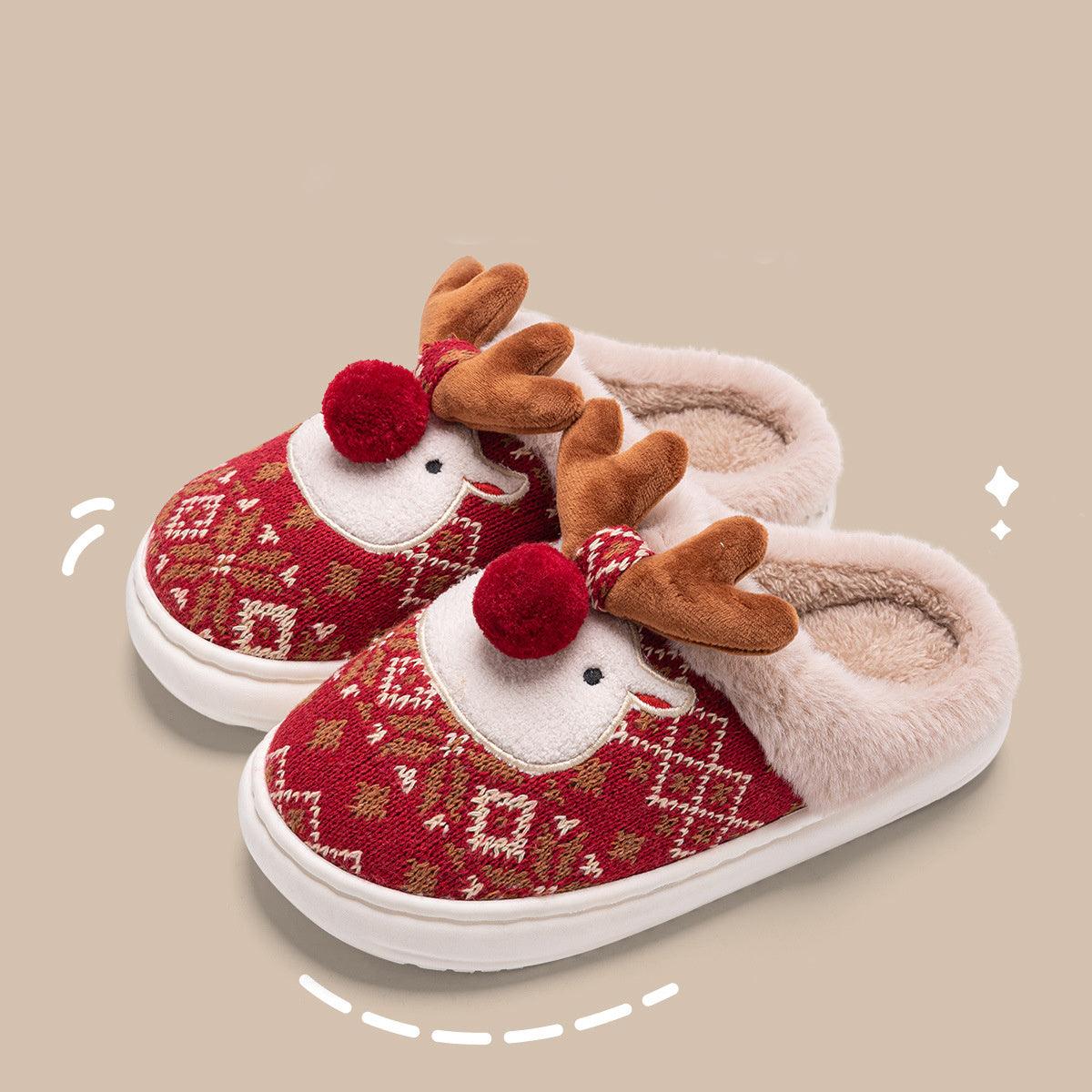 Cute Christmas Elk Plush Slippers - The Walnut Wood