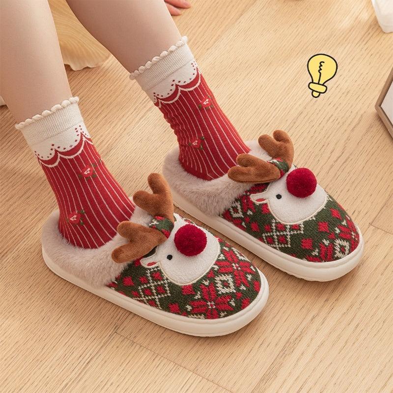 Cute Christmas Elk Plush Slippers - The Walnut Wood