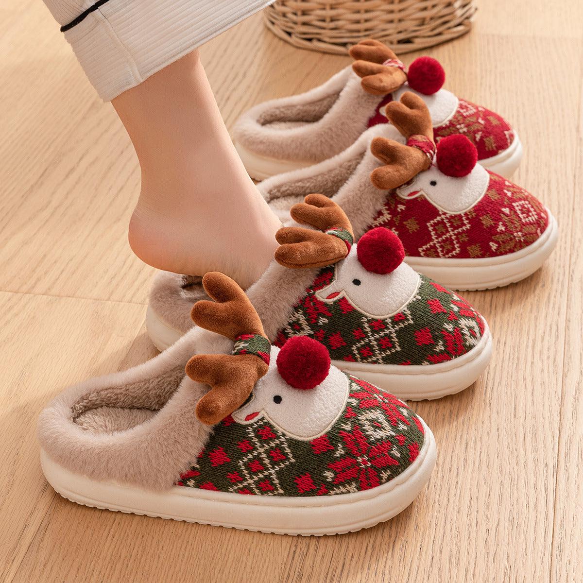 Cute Christmas Elk Plush Slippers - The Walnut Wood