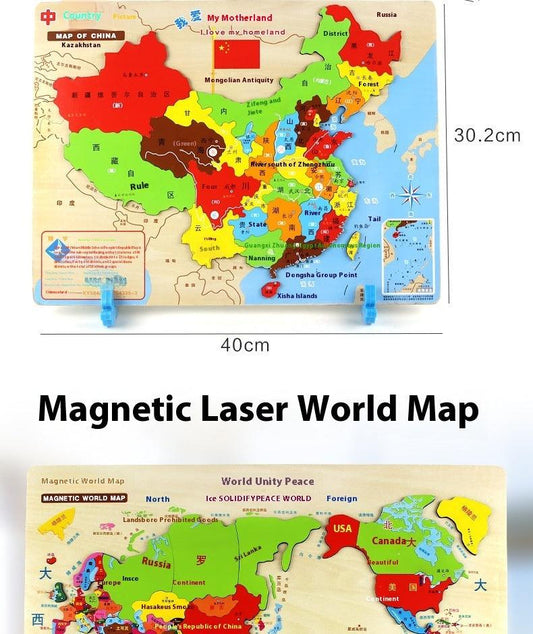 Wooden Magnetic Map Puzzle Toy - The Walnut Wood
