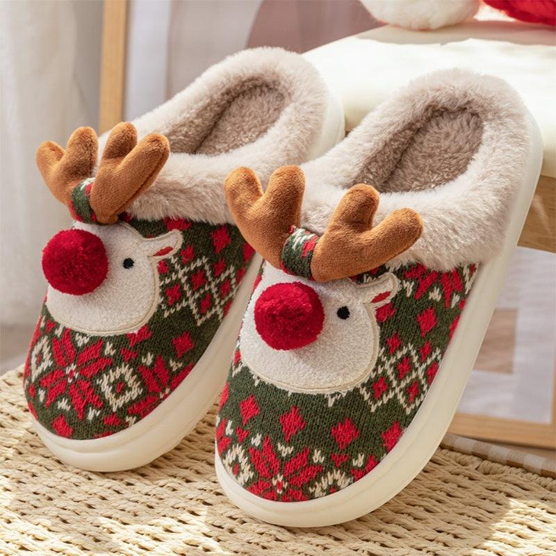 Cute Christmas Elk Plush Slippers - The Walnut Wood