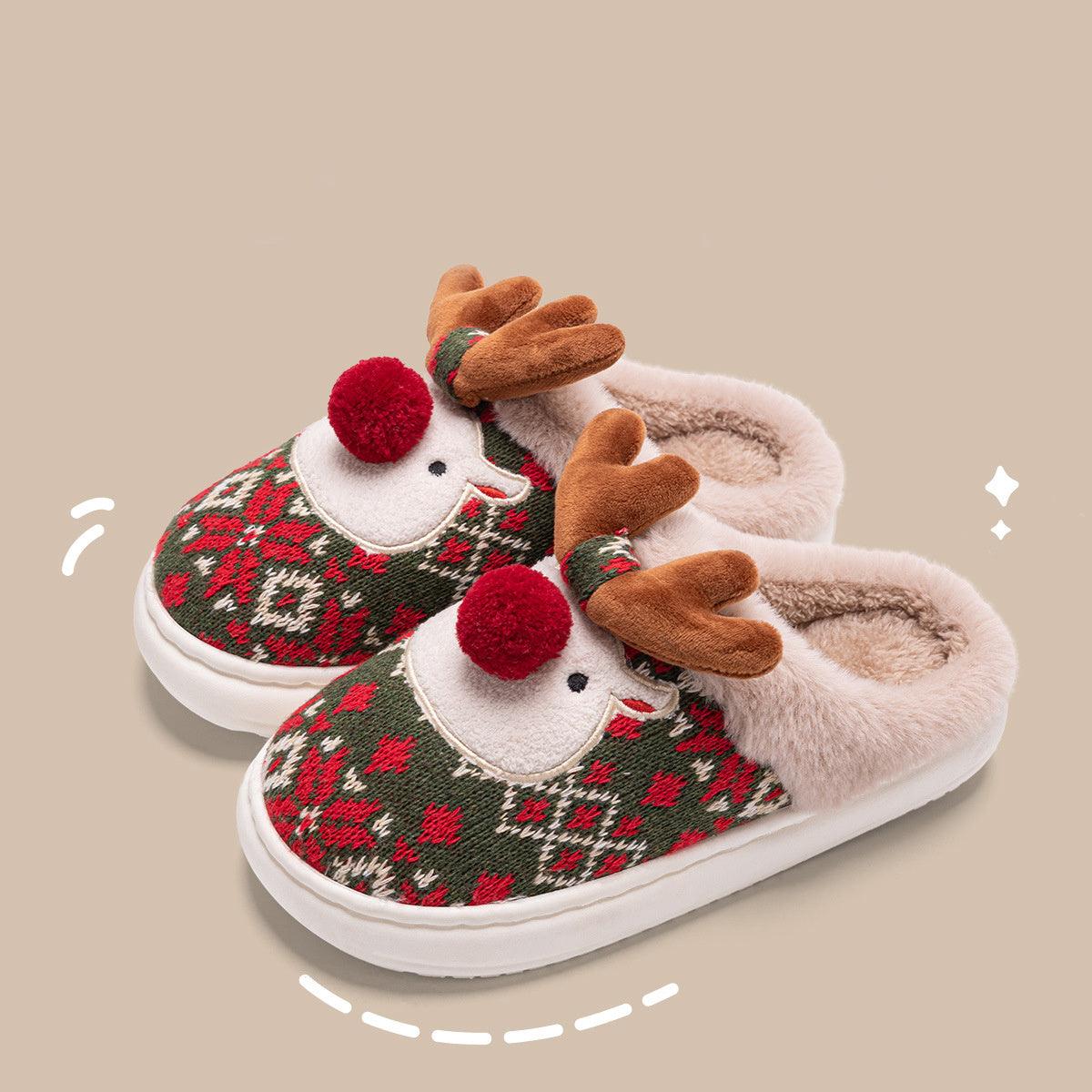 Cute Christmas Elk Plush Slippers - The Walnut Wood