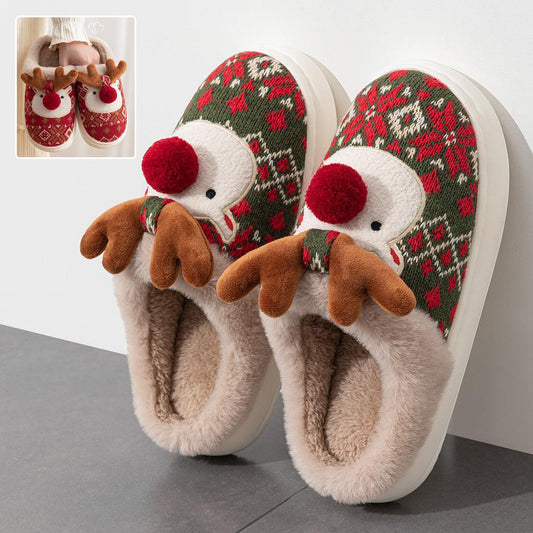 Cute Christmas Elk Plush Slippers - The Walnut Wood